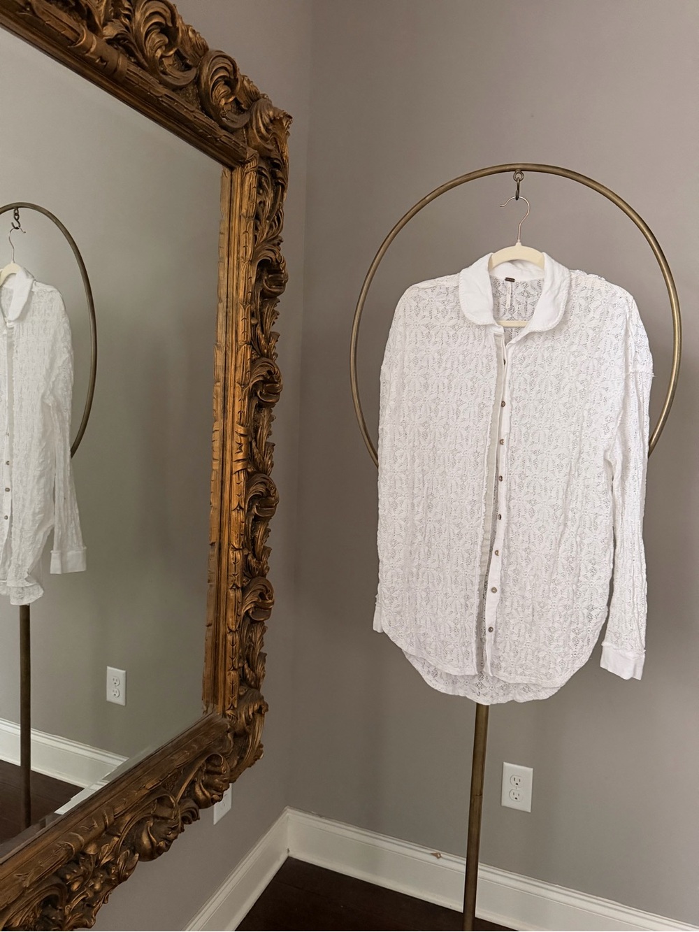 Free People White Lace Button-Up Shirt